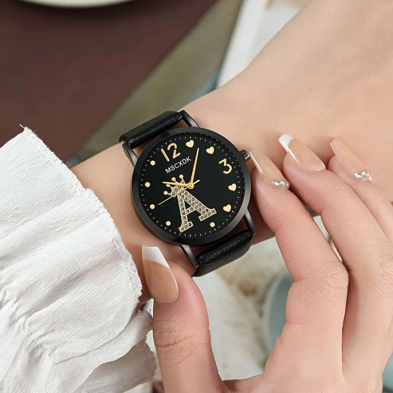 1pc Fashionable Women's Quartz Watch Round Analog Display Shock-Resistant Alloy Case PU Leather Band