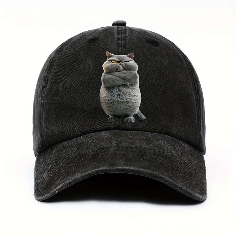 1pc Adjustable Cotton Baseball Cap with Funny Cat Print Unisex Vintage Washed Hat Pre-Curved Sun
