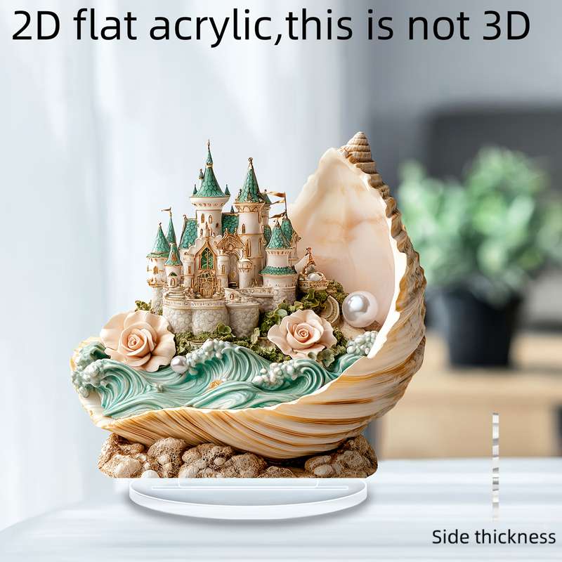 1pc 2D Flat  Bohemian-Style  Acrylic Flat Pearl Castle Desktop Decoration with Stand Elegant Se