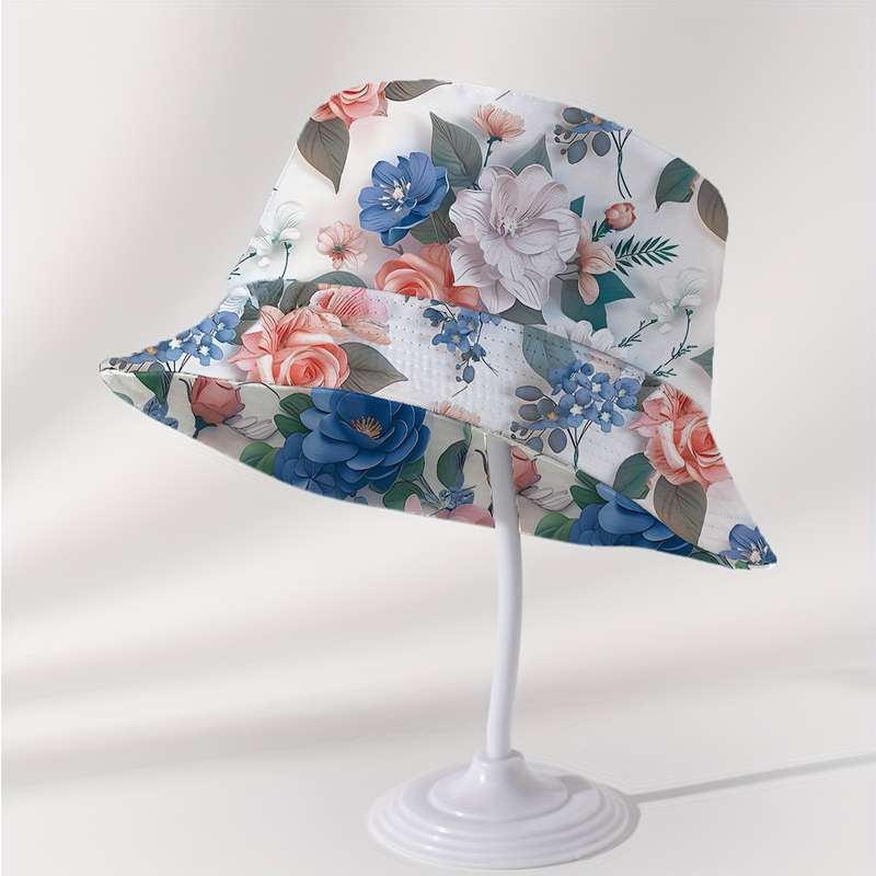 1pc Reversible Floral Bucket Hat for Men Women Sun Protection Polyester Non-Stretch Perfect