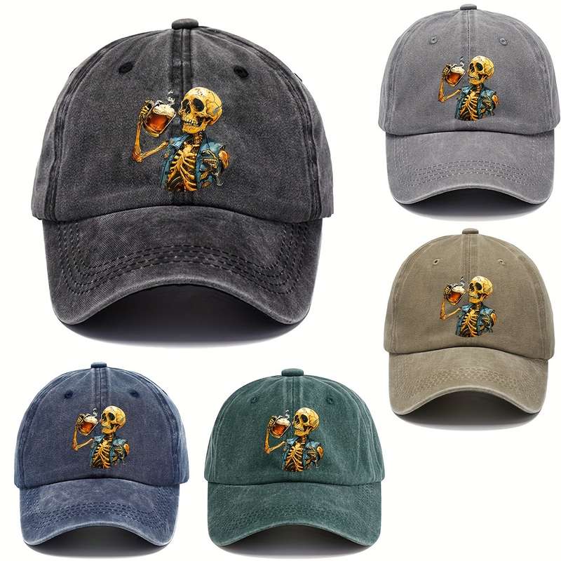1pc Halloween Skeleton Holding Wine Baseball Cap Adjustable Vintage Casual Hat Unisex Breathable