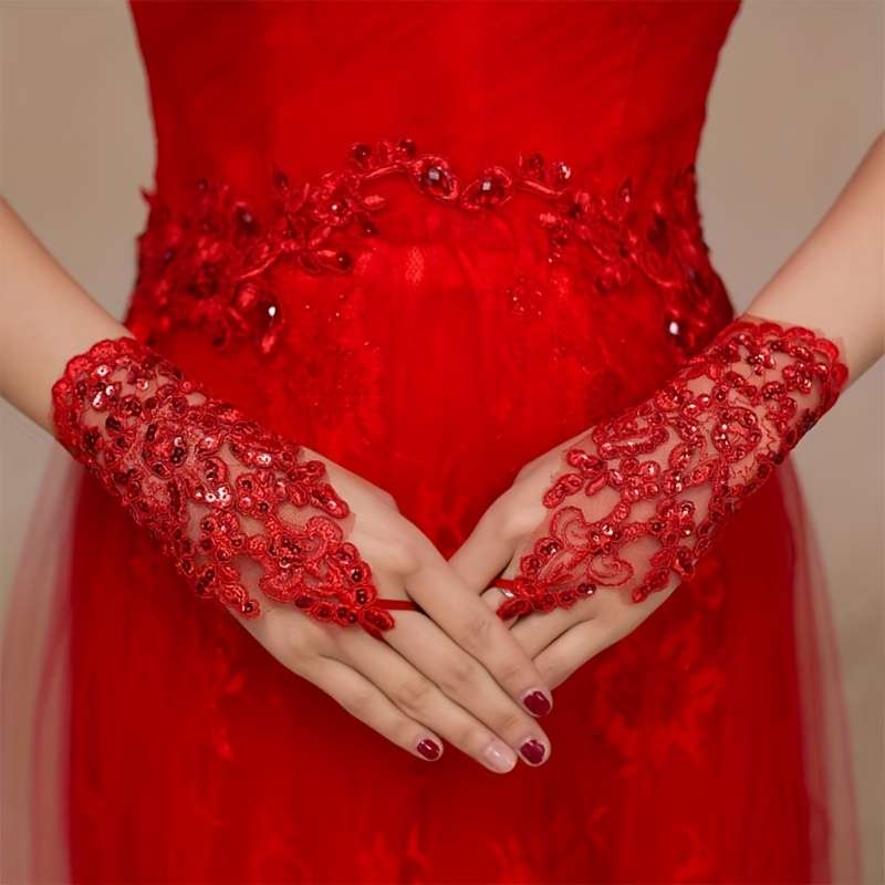 1 Pair Red White Lace Fingerless Bridal Gloves