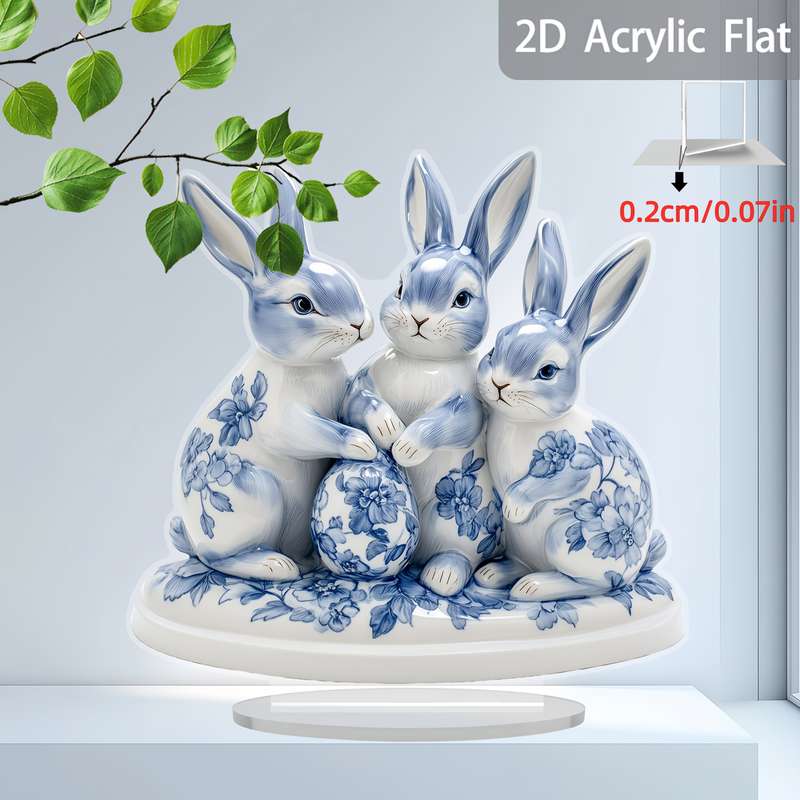 1pc 2D Flat   Plane Easter Blue and White Porcelain Rabbit and Egg  Acrylic Sun Catcher Desk