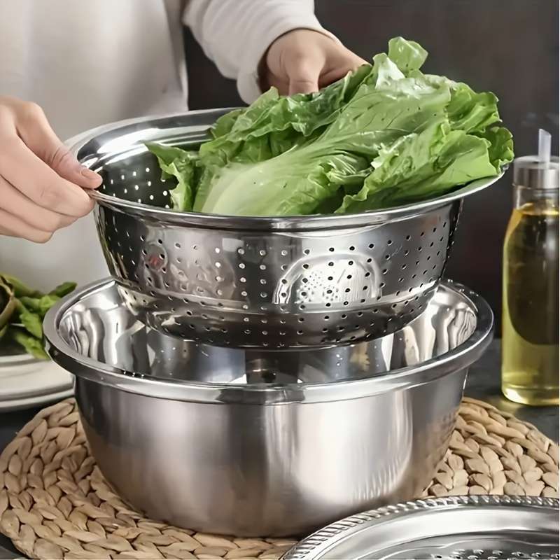 3pcs stainless steel kitchen set with integrated grinder multi-function strainer and mixing bo