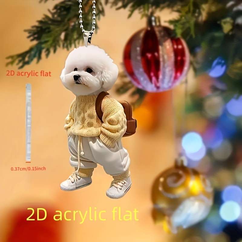 1pc 2D Flat   Acrylic Flat Cute Teddy Dog Keychain with Backpack Yellow Sweater White Sneak