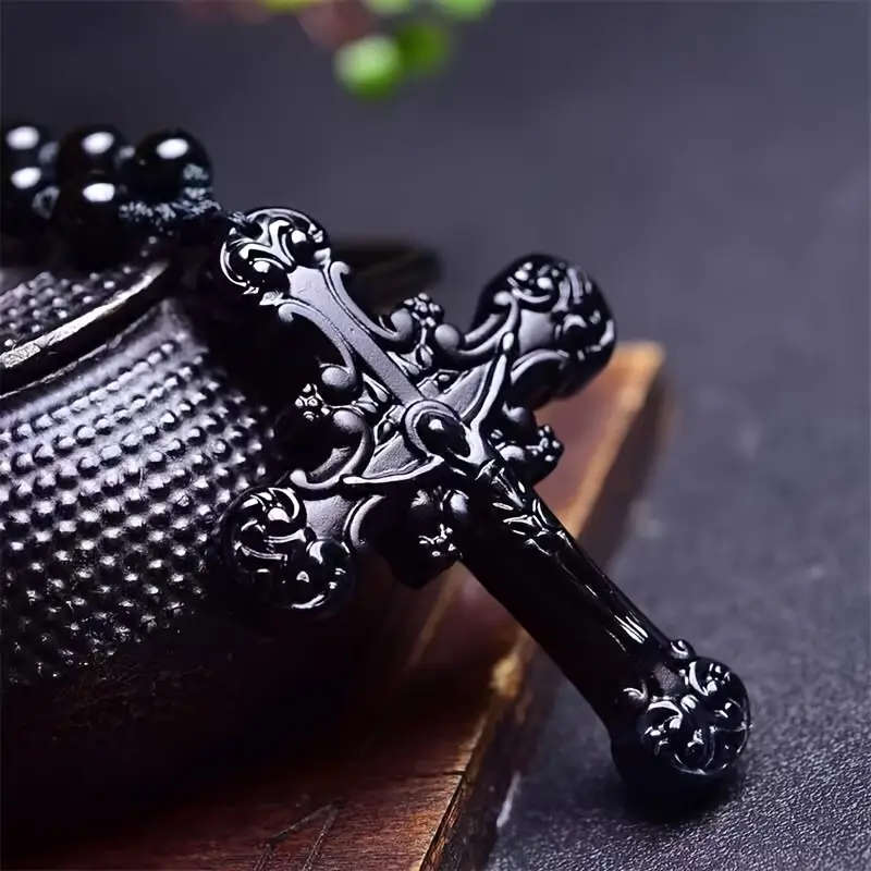 Unisex Obsidian Cross Pendant Necklace