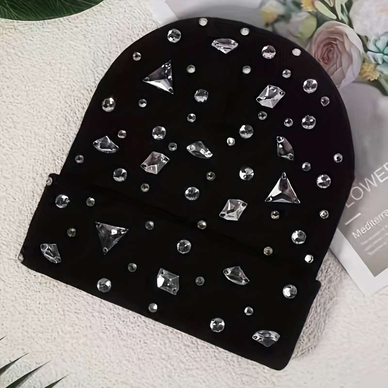 1pc Women'S Black Acrylic Beanie with Sparkling Rhinestones Stylish Double-Layer Knit Hat for Fal
