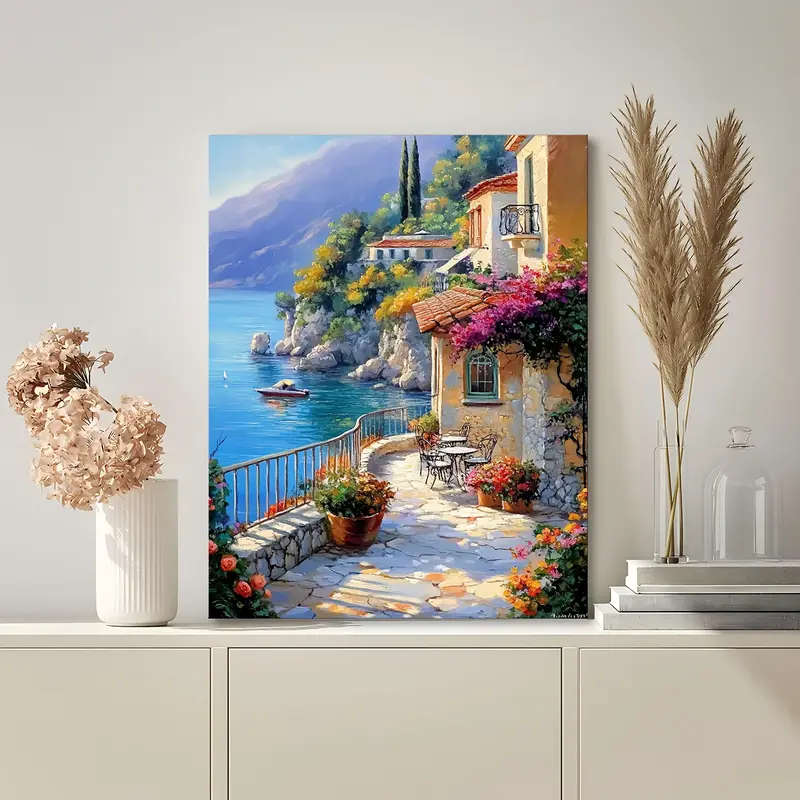 1pc Charming Seaside Village Canvas Art 29.97cm x 39.88cm Wooden Framed Wall Decor for Living Room B
