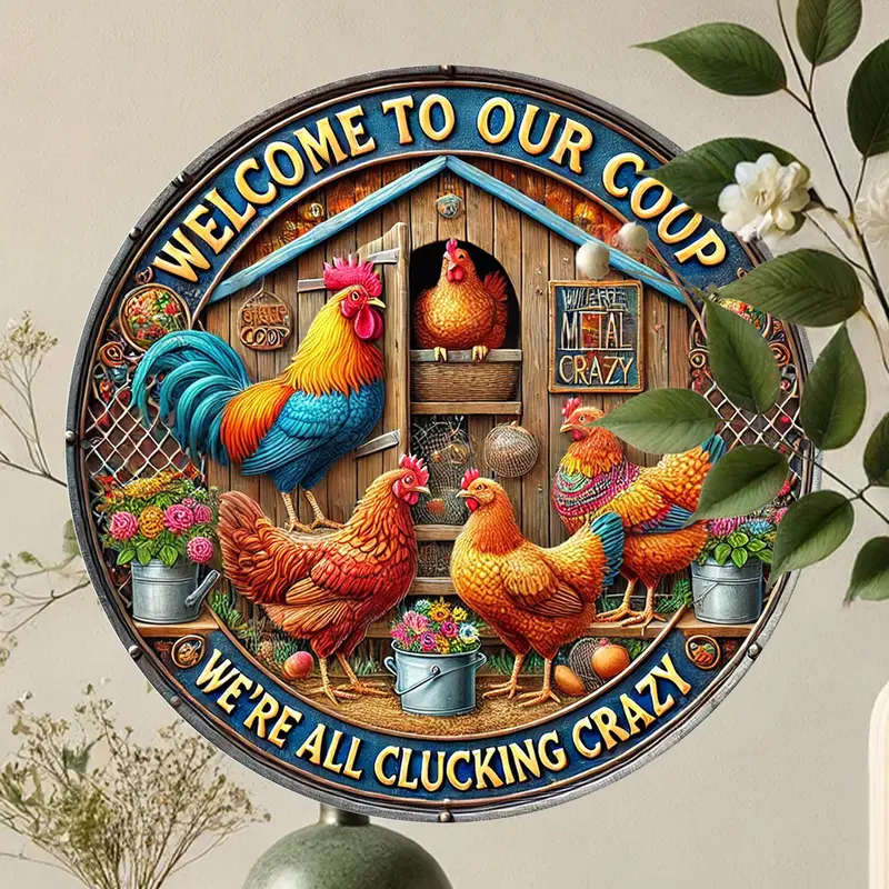 1pc 2D Flat Printed Metal Sign Welcome to Our Chicken Coop Outdoor Chicken Theme with Farm Animal Po