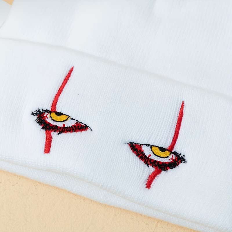 1pc Trendy Devil's Eye Embroidered Beanie Warm Acrylic Knit Winter Hat Lightweight Elastic Ma