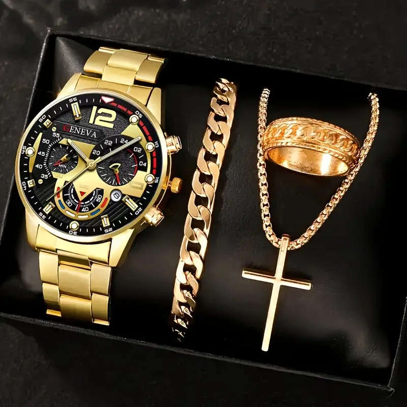 Set Of 4 Pieces Including A Men's Business Casual Calendar Watch A Golden Cross Necklace A Bracelet