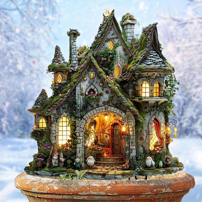 1pc 2D Flat   Enchanted Fairy Tale Cottage Garden Planter Rustic  Acrylic Outdoor Deco
