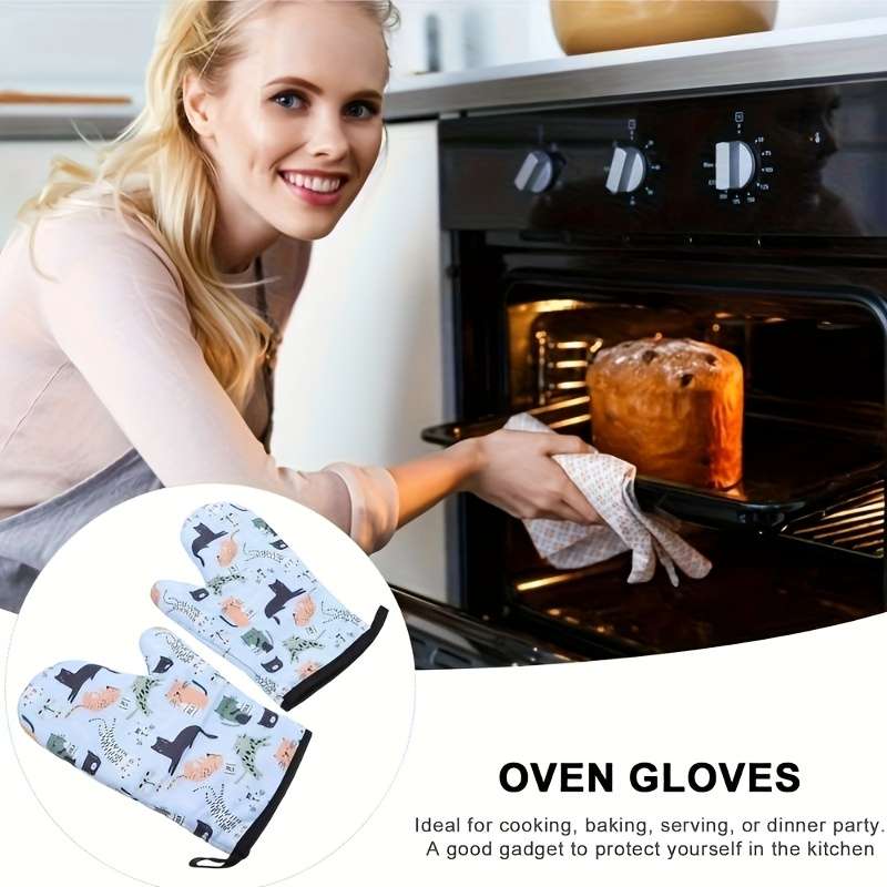 2pcs Cute Cat Pattern Oven Mitts Thick Heat-Resistant Polyester Gloves with Hanging Loop Pe