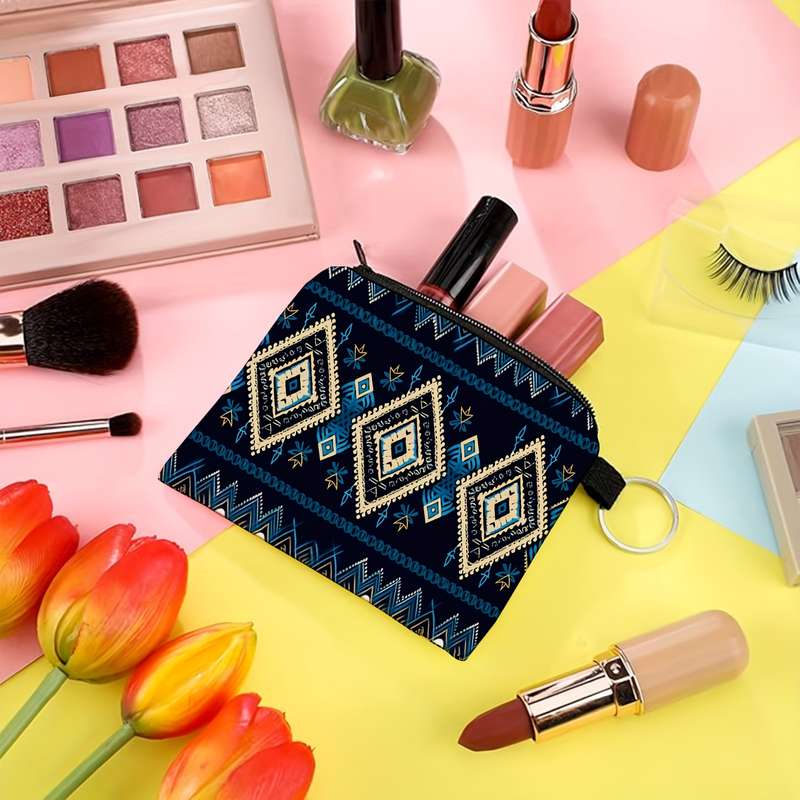 1pc SWEET Aztec Pattern Compact Purse Blue Black Geometric Design Zippered Small Wallet wi