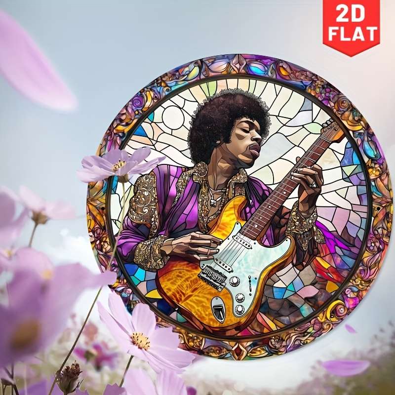 1pc 2D Flat Vintage Guitarist Metal Wall Art 19.99cm Round Iron Sign with Stained Glass Design