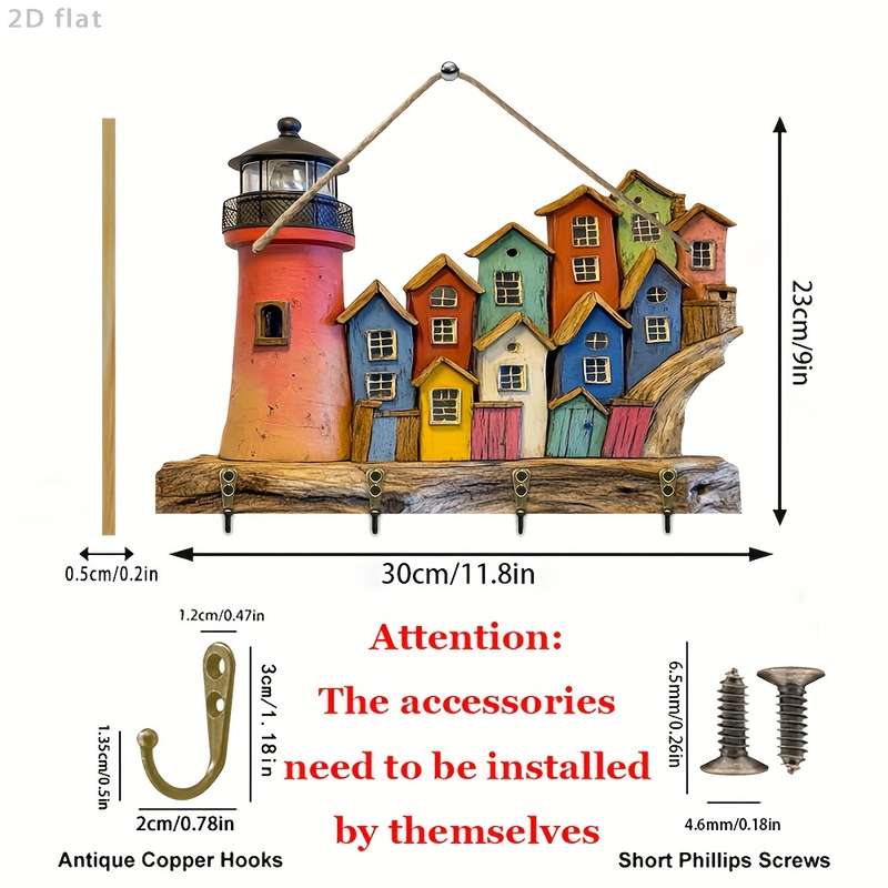2D Flat 2D flat 1pc seaside cottage and lighthousewooden multi-function home key hanger (29.97c