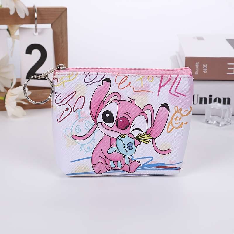 1pc Stitch Mini Wallet Cute Cartoon Coin Purse with Keyring Portable Card Holder Elegant Faux L