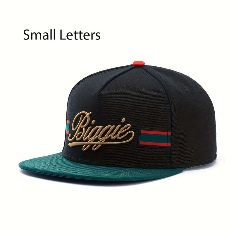 1pc Biggie Golden Embroidered Flat Brim Snapback Hat Adjustable Lightweight Black with Green