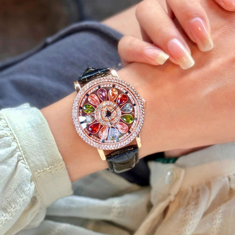 1pc Fashionable Quartz Wrist Watch for Women with Colorful Rhinestone Embellishments Rotating Dial A