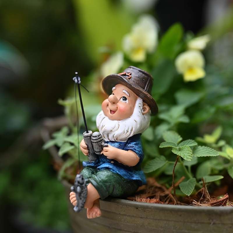 1pc 2D Flat  Whimsical Resin Fishing Gnome Figurine Durable Weather-Resistant Outdoor Garden Pond D
