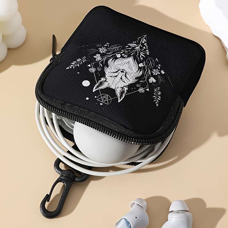 1pc Large Capacity Coin Wallet with Black and White Wolf Pattern Digital Print Storage Bag Multif
