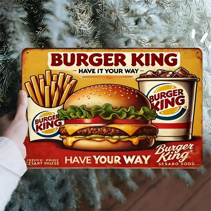 1pc Vintage Burger King Metal Wall Sign 20.32x30.48cm Retro Fast Food Decor with Classic Logo for Ki
