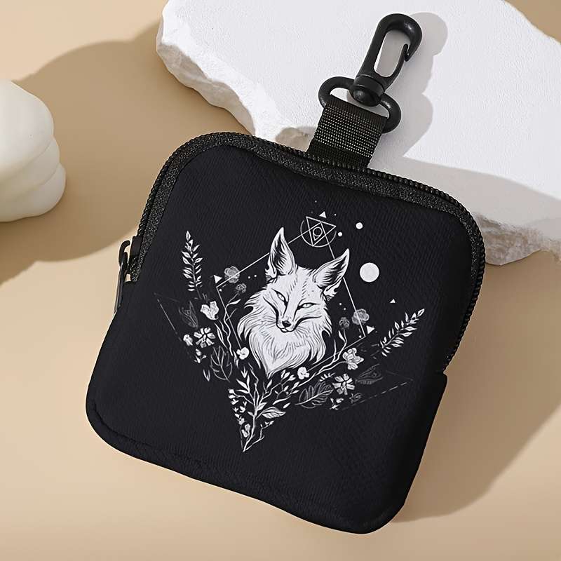 1pc Large Capacity Coin Wallet with Black and White Wolf Pattern Digital Print Storage Bag Multif