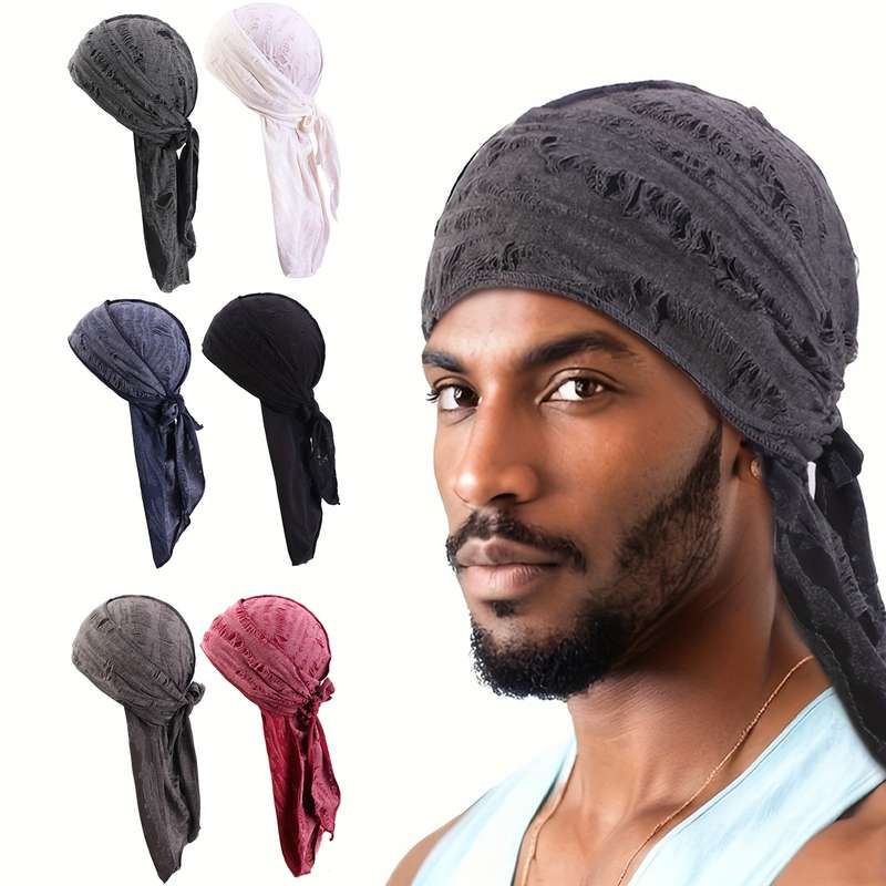 1pc Men'S Vintage Distressed Pirate Hat with Adjustable Ties Black Knit Polyester Rapper Wrap Tur