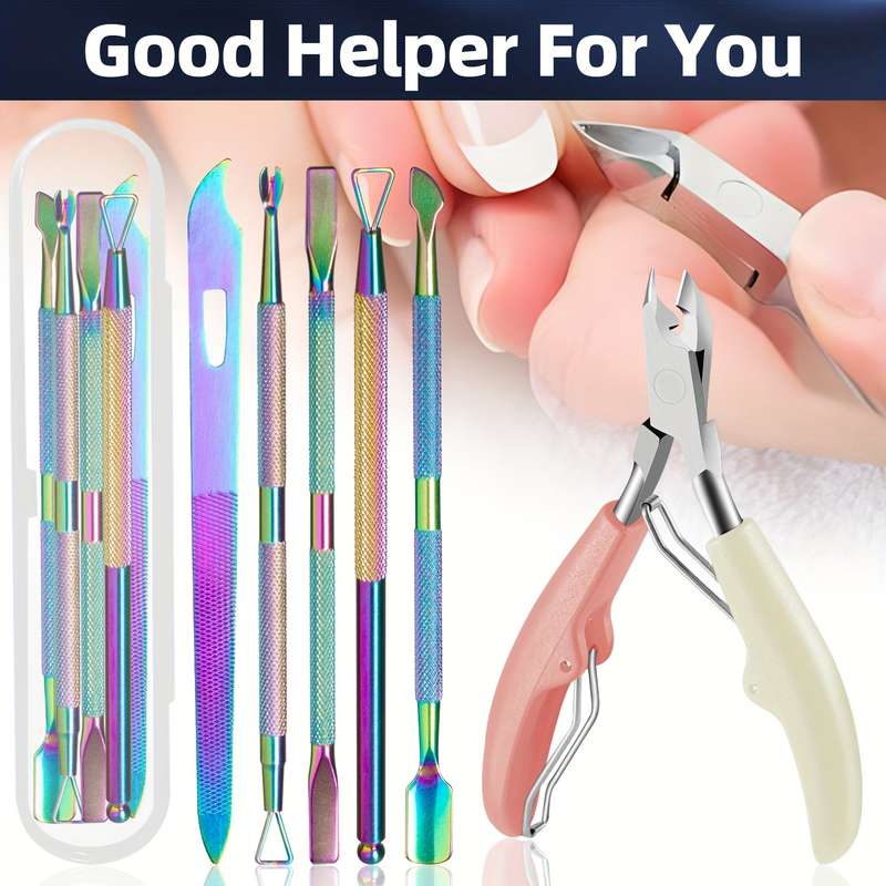 6pcs Professional Nail Care Set Stainless Steel Cuticle Scissors Slanted Clippers Dead Ligh