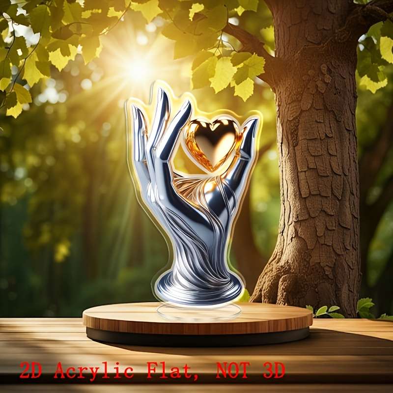 1pc 2D Flat  Luxurious  Acrylic Hand Holding Heart Decorative Sculpture Glossy Metallic Finish