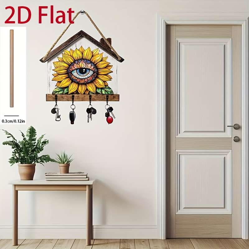 2D/Flat Sunflower Eye Simple Colorful Wooden and Home Key Holder with Four Metal Hooks Wall Decor