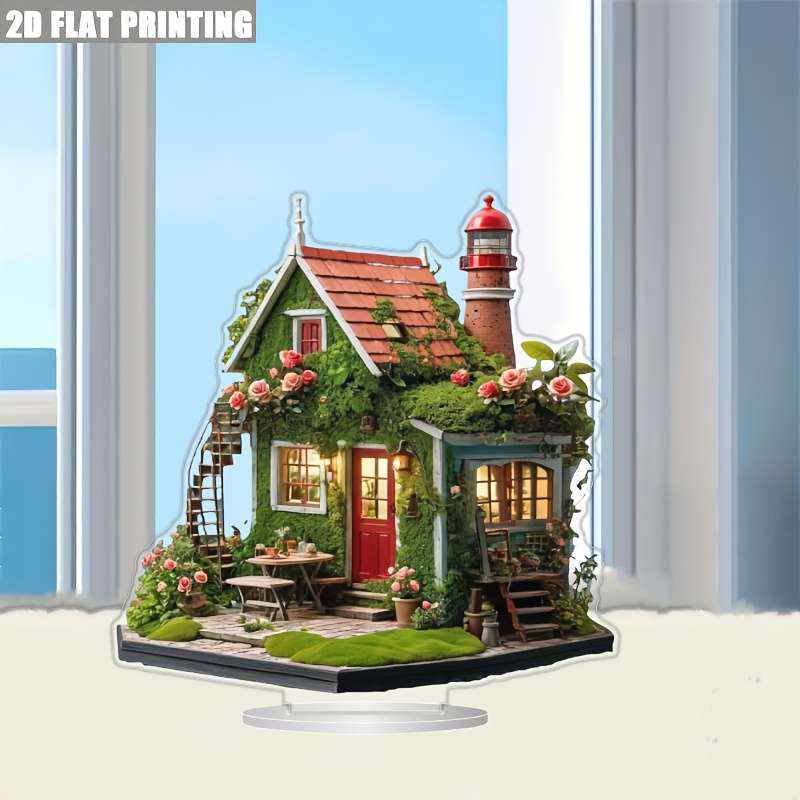 1pc 2D Flat  Bohemian Style Acrylic Holiday Village House Vibrant Lighthouse Cottage Scene with
