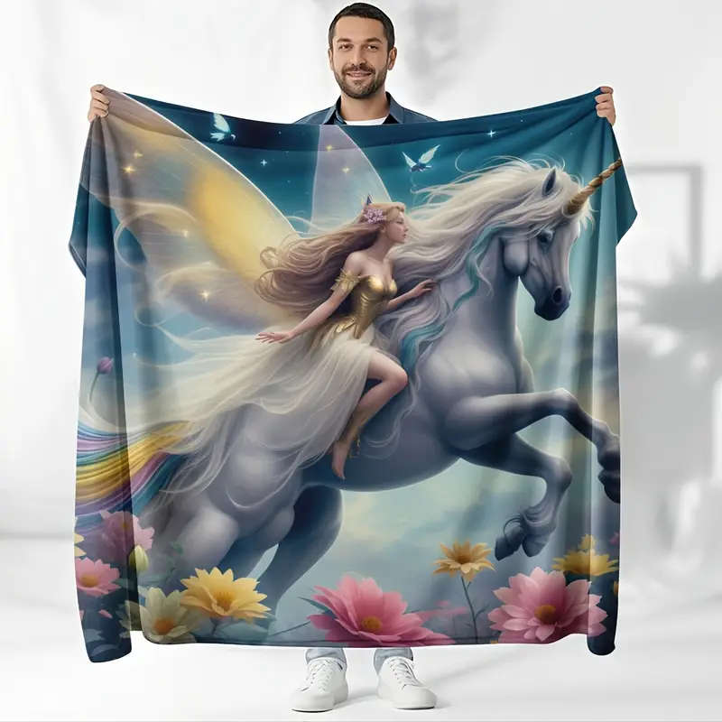1 Romantic Unicorn and Floral Design Printed Flannel Blanket 100CM*130CM