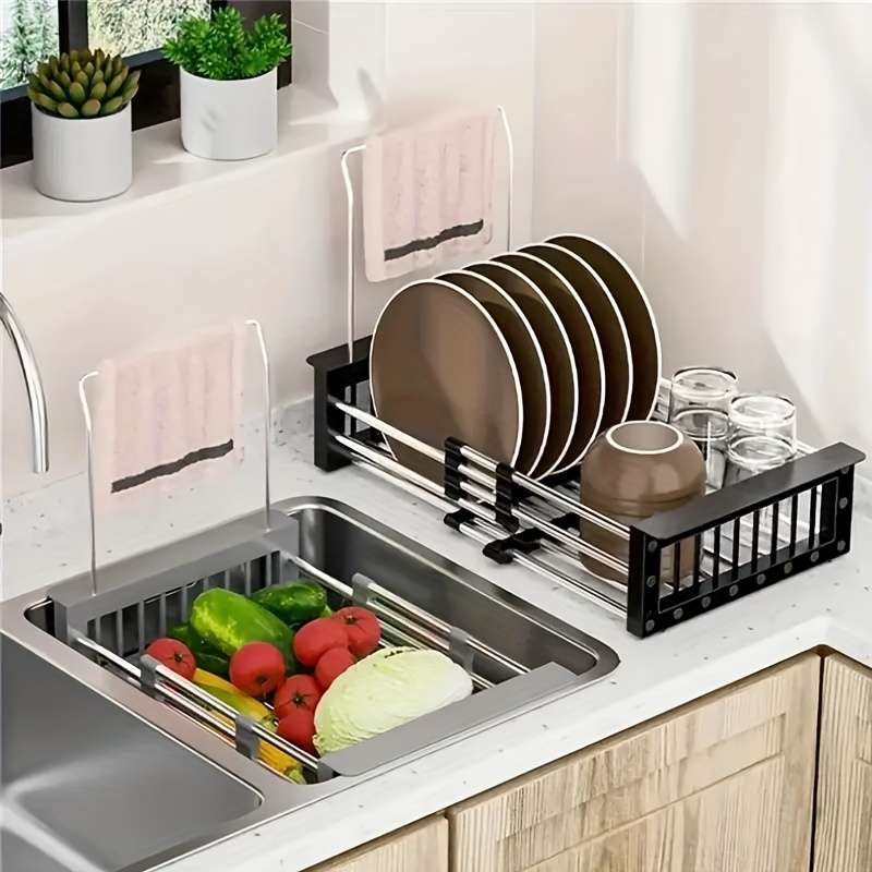 1pc Expandable Stainless Steel Over-The-Sink Dish Rack Drainer Basket Collapsible Kitchen Organ