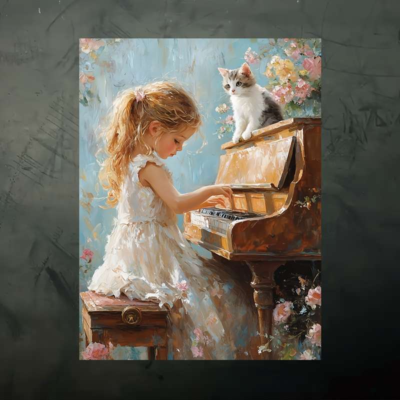 1pc  Oil on Canvas Frameless 30.48X40.64 cm Little Girl Playing The Piano Home Decoration