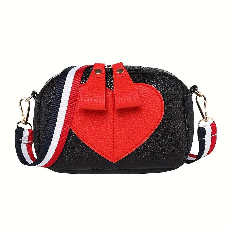 1pc Lightweight Black PU Heart-Shaped Pouch with Adjustable Strap Casual Zipper Phone Bag Ideal