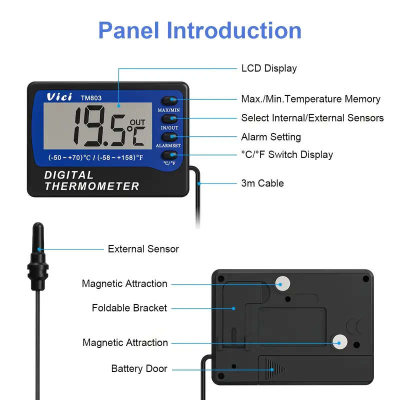 1pc Digital Thermometer with External Sensor Large Display -58 to 158 Range Alarm Alerts AAA Batter