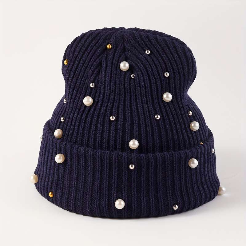 1pc of Women'S Fashion Pearl Decorated Knitted Hat Without Brim Suitable for Autumn And Winter