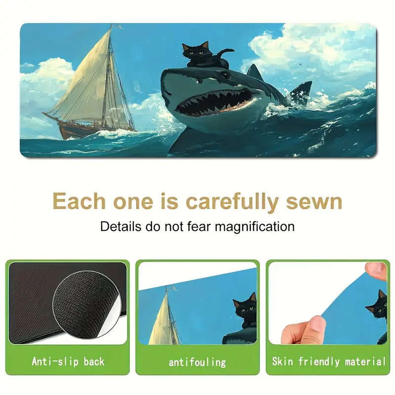1pc 40x90cm Whimsical Cat Riding Shark Design Soft Non-Slip Mouse Pad Washable Durable Desk Mat