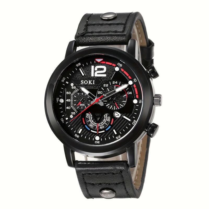 2pcs set Men's Quartz Watch SOKI Brand Casual Style with Large Numeric Dial Calendar Function Black