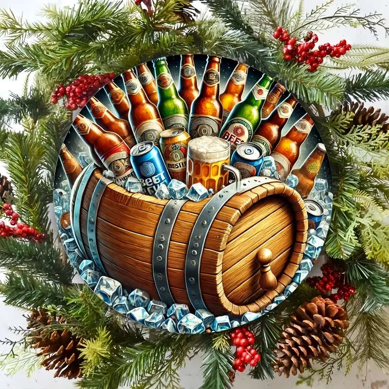 1pc Beer Keg Foil Engraving Round Sign Durable Aluminum Wall Decor for Home Bar Cafe Easy to Hang Re