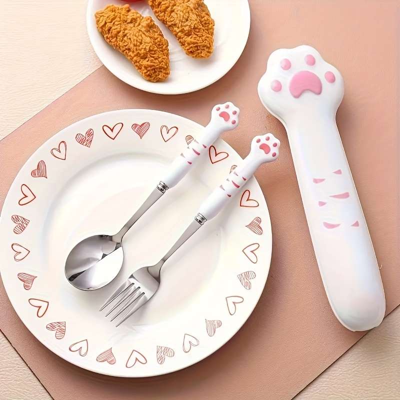 1pc Cat Claw Design Stainless Steel Cutlery Setm Cute Cat's Paw Cutlery Set with Storage Box