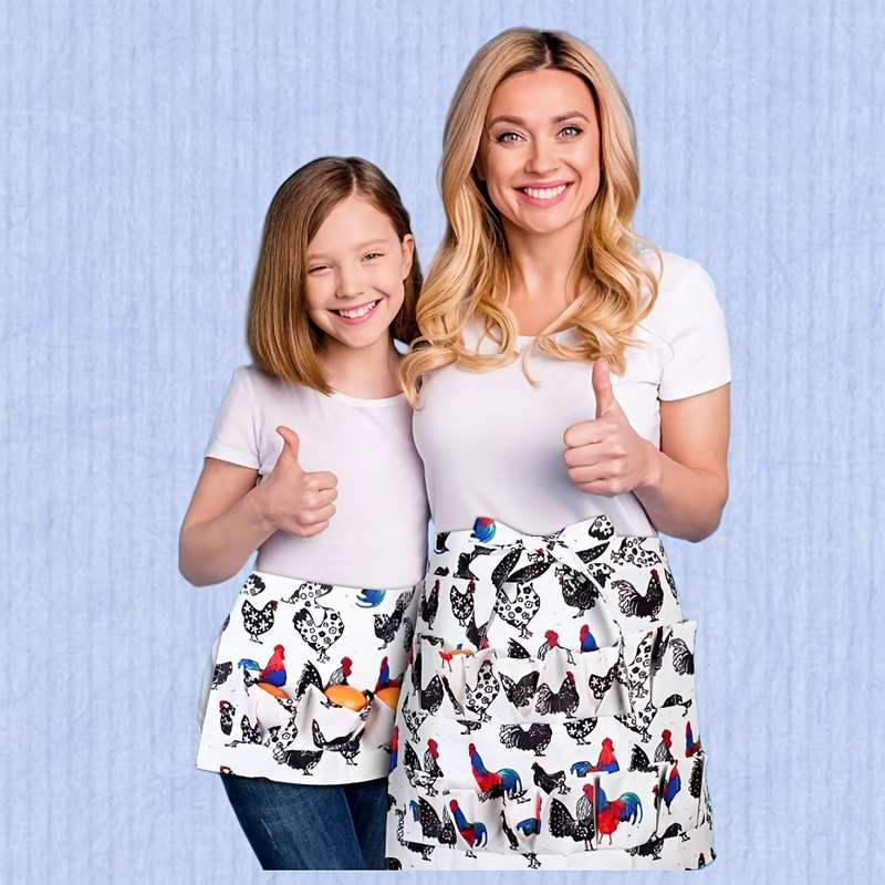 1pc Chicken Print Egg Gathering Apron with Multiple Pockets Durable Polyester Farmhouse Style Ski