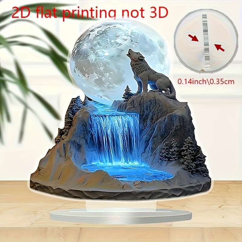 1pc 2D Flat   Bohemian Crystal Desktop Wolf and Full Moon Display 17.02x17.02 cm No Power