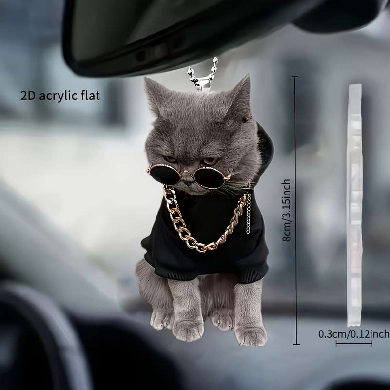 1pc 2D Flat   Stylish Acrylic Kitten Pendant with Glasses Chain Ideal for Car Mirrors Backpa