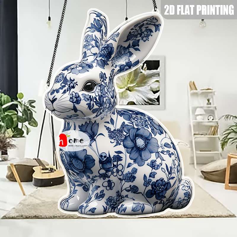 1pc 2D Flat    Blue and White Porcelain Rabbit Decorative Sign Acrylic Pendant Figuri