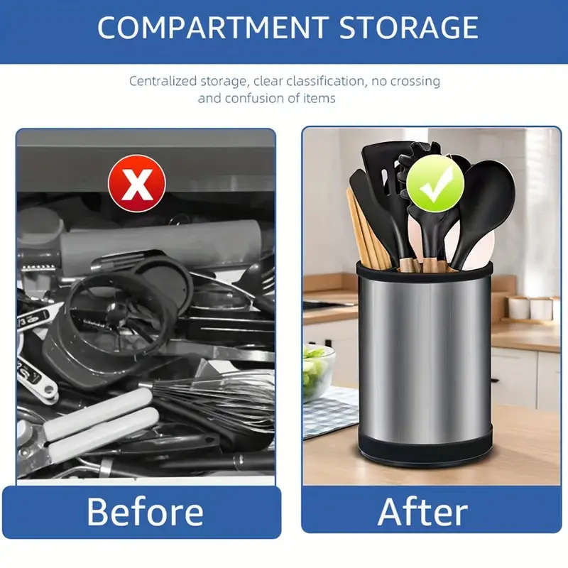 1pc Stainless Steel Kitchen Utensil Holder 360 Degree Rotating Cylinder with Drainage Holes and Divi