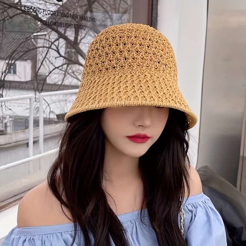 1pc Summer Sun Hat Hollow Out Knitted Polyester Bucket Hat Sun Protection for Fishing