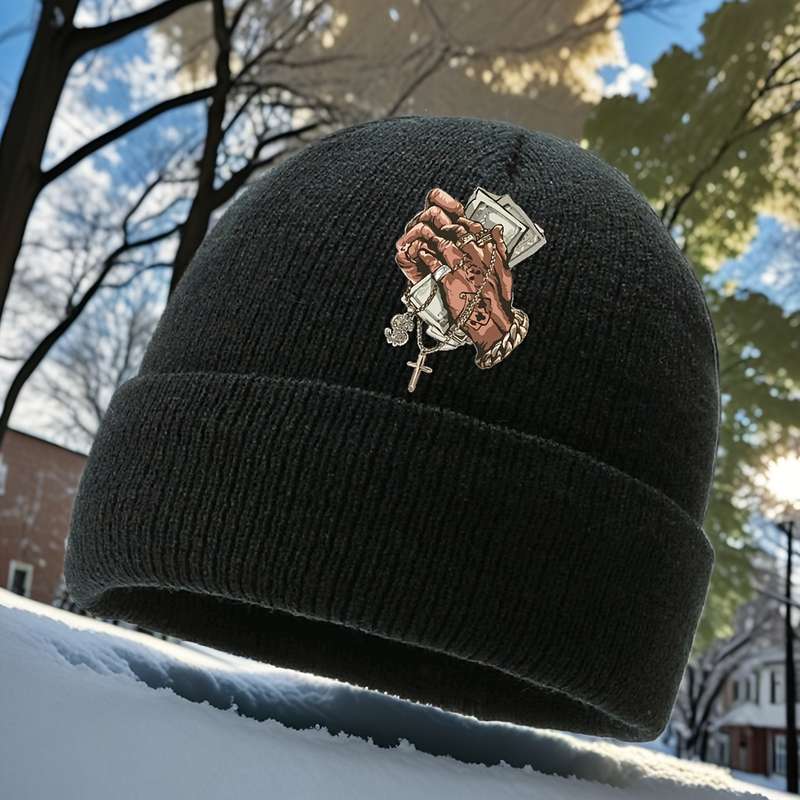 1pc Men's Hip Hop Style Black Knit Beanie with Cross Pattern Warm Stretchy Machine Washable