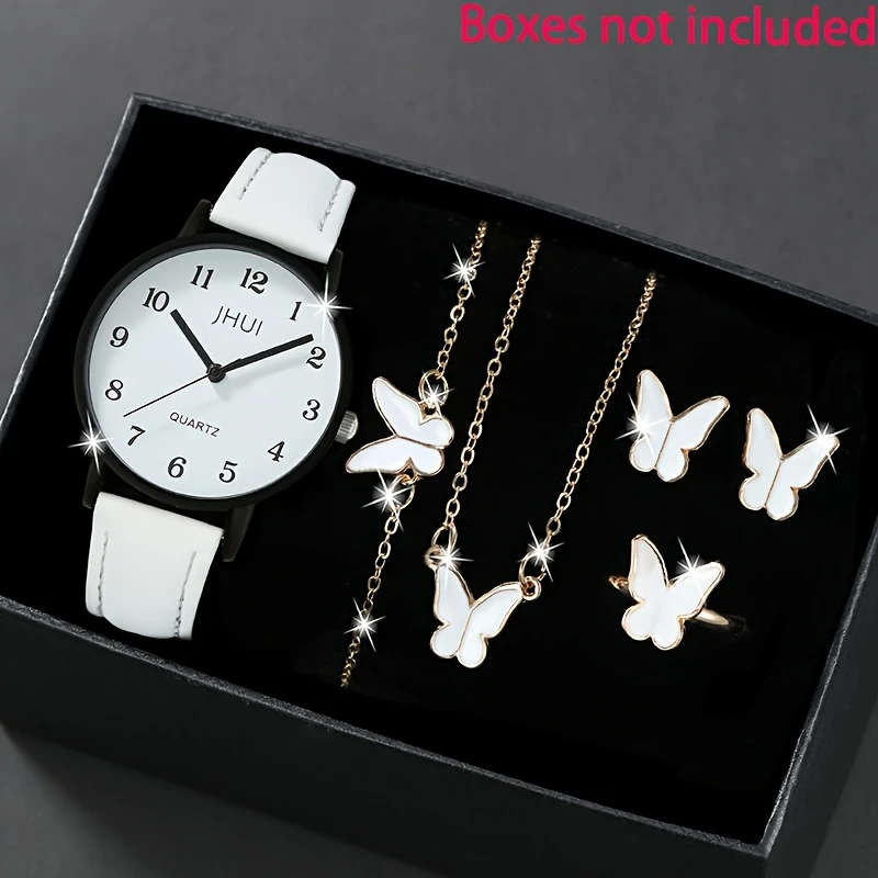 6pcs set Women's Fashion Casual Trendy Quartz Watch and Bracelet Necklace Ring Earrings Jewelry Set